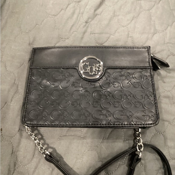 Guess Handbags - Guess Black Embossed Crossbody Bag with Silver Accents